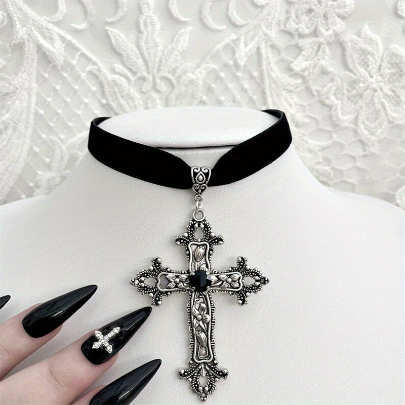 Vintage Victorian Fashion - Vintage Antique Silver Color Cross Choker